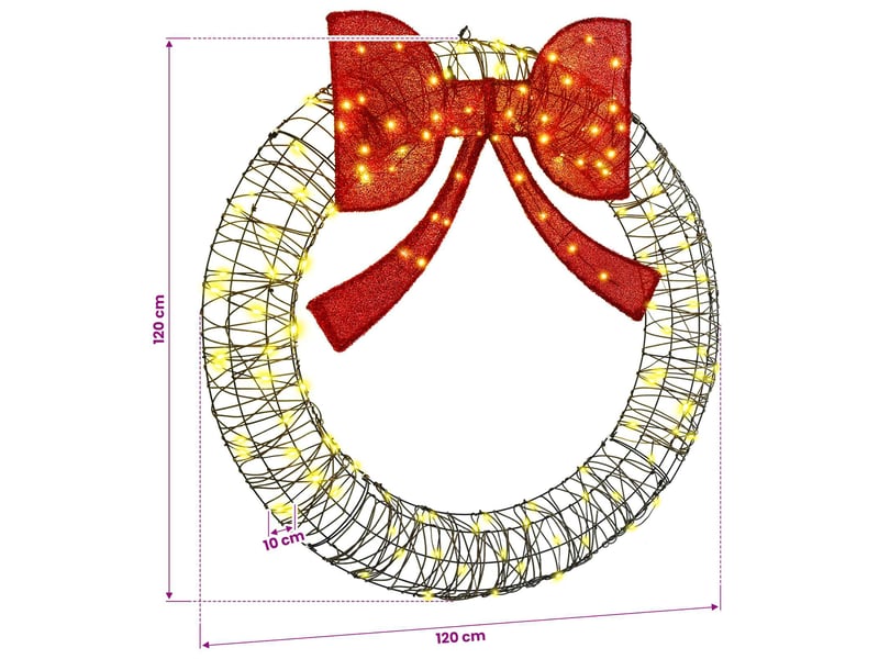 Couronne de noël, décoration de noël blanc chaud 120 x 120 x 10 cm rotin 150 led cf61765 - Conforama E