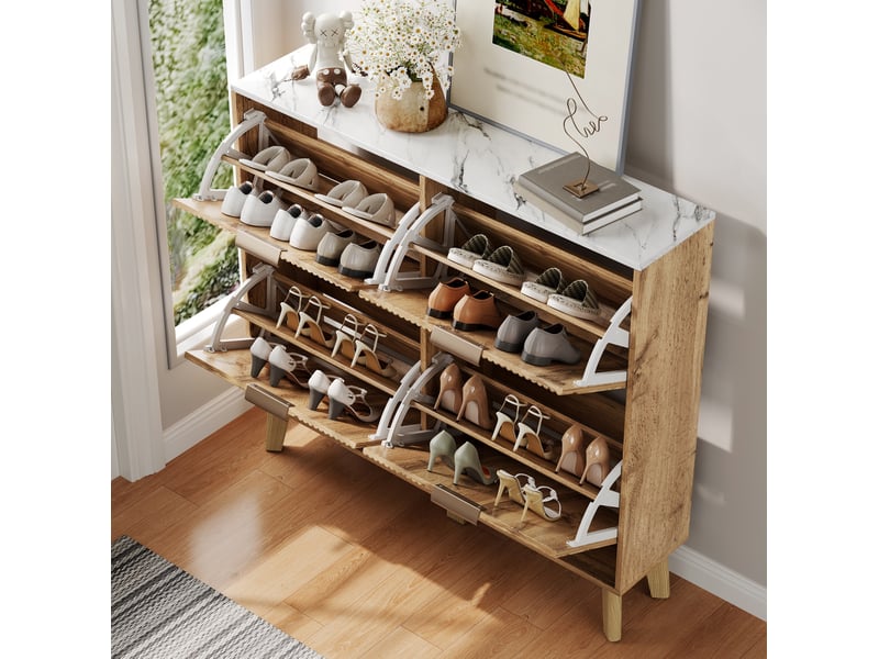  Meuble à chaussures 105x24x95,5 cm, grande capacité, plateau aspect marbre, pieds en bois, meuble entrée, mdf, naturel  - Conforama B