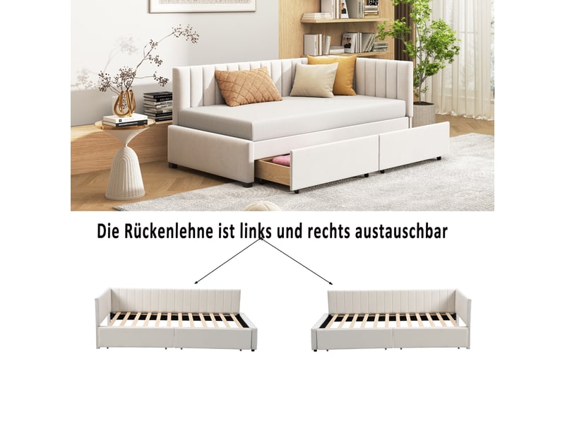  Canapé-lit rembourré 90x200 cm avec 2 grands tiroirs de rangement, lit simple, lit adulte avec sommier à lattes, beige, velours  - Conforama E