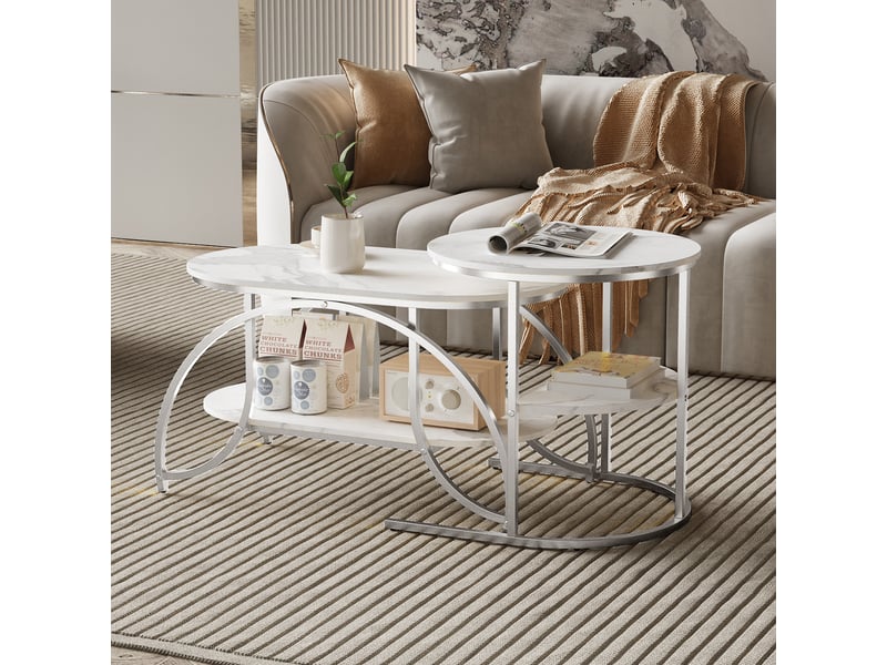 Table basse de salon , lot de 2 tables basses gigognes , pieds en métal , table d'appoint en marbre ,argent , ronde,80 x 46 x 45 cm  - Conforama B