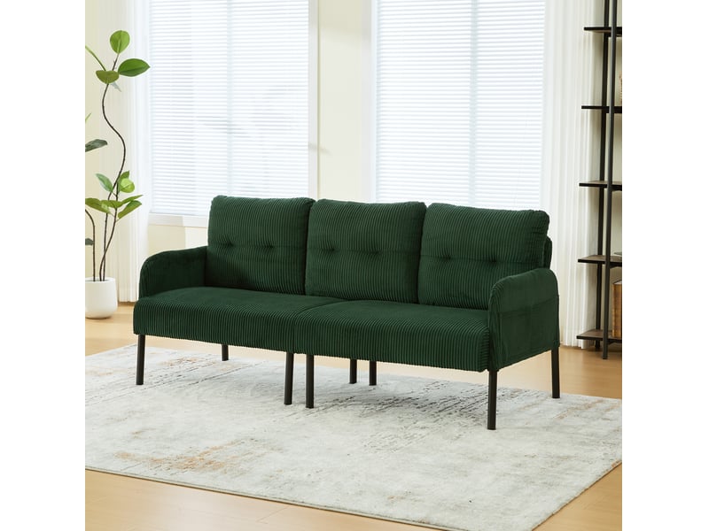  Canapé 3 places 171x72x80 cm en velours côtelé vert émeraude avec poche latérale  - Conforama D