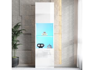 Vitrine LED 45x35x160 cm avec portes vitrées et étagères en verre, meuble colonne de rangement avec éclairage connecté, Blanc