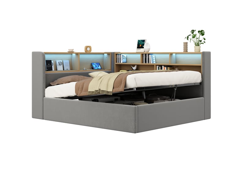  Lit coffre 140x190 cm en velours gris avec led, usb et usb-c, rangements latéraux  - Conforama A