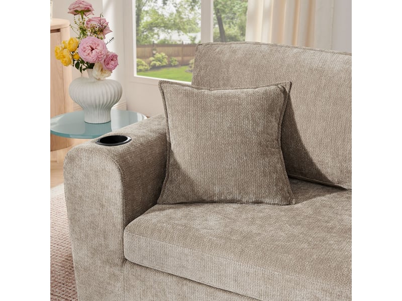 Canapé 2 places format compact petits espaces revêtement chenille doux poche magazine latérale porte-gobelet intégré coussins inclus coloris marron  - Conforama D