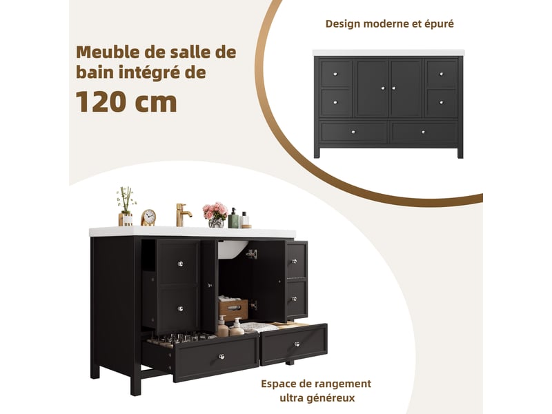  Meuble vasque sur pied 120x50x86,5 cm à 4 tiroirs, noir  - Conforama E