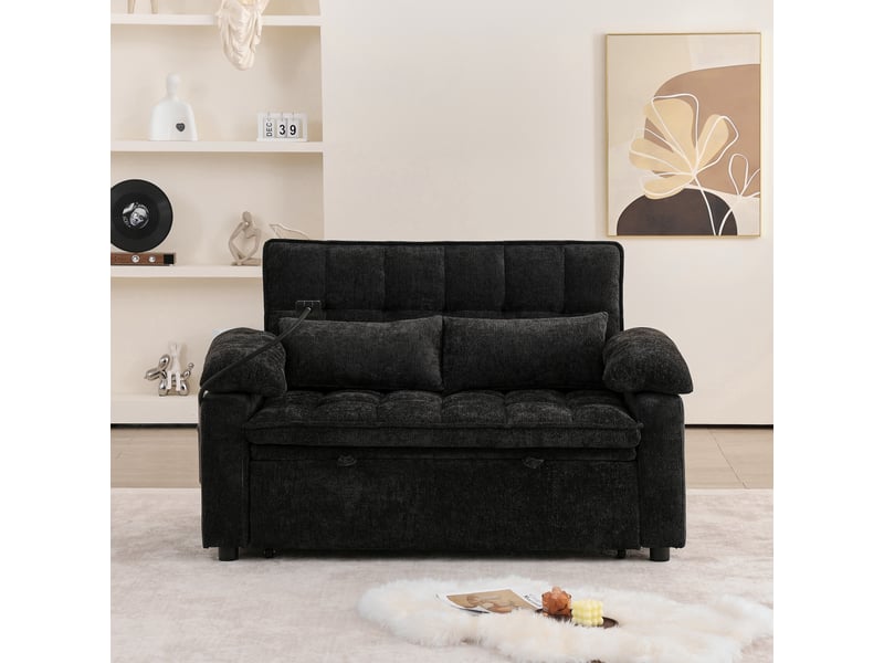  Canapé droit 3-en-1 convertible, fonction détente allongée, deux coussins lombaires, tablette et porte-gobelets, 87 x 89,5 x 142 cm, noir  - Conforama D