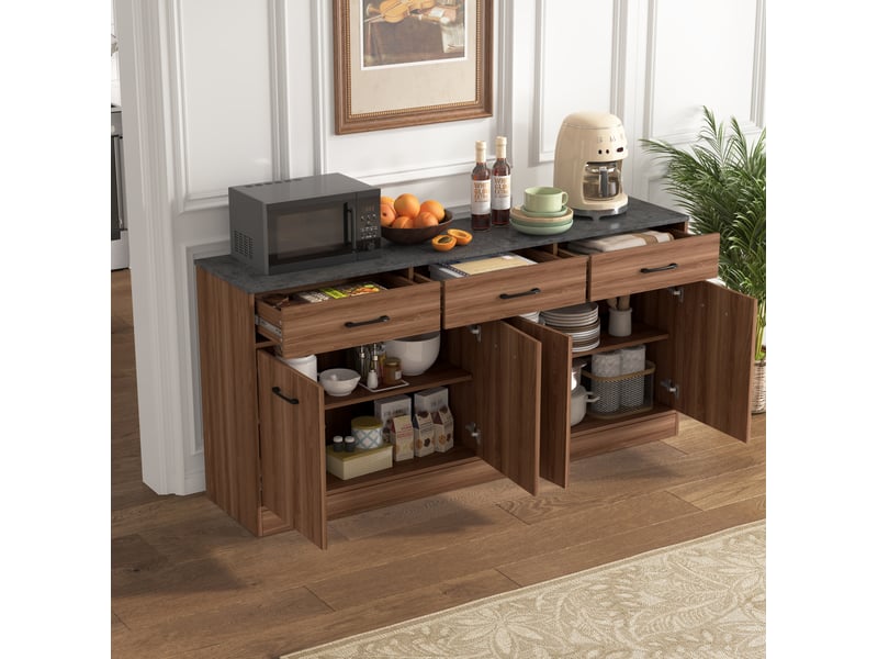  Buffet de cuisine 160 x 37 x 76,5 cm couleur noyer en mdf, 3 tiroirs et 2 rangements avec étagères  - Conforama E