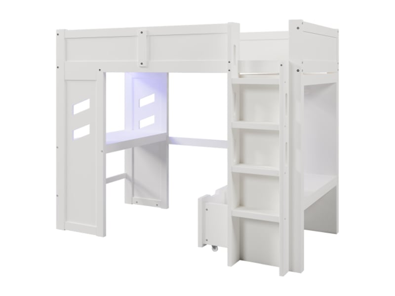  Lit mezzanine 90x200 cm, lit enfant avec bureau, éclairage led, ports usb et type-c, bureau, 2 tiroirs, armoire ouverte, sans matelas, blanc  - Conforama E