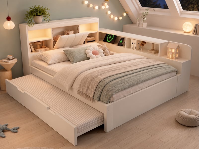 Lit enfant multifonction 140x190cm avec lit gigogne, cadre en bois, liseuses, ports usb et tête de lit en pu, blanc - Conforama B