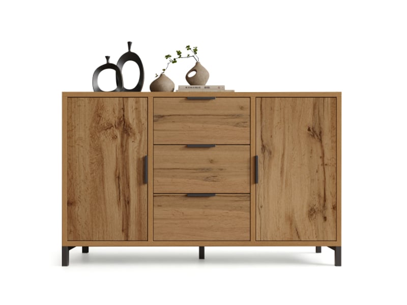  Commode 2 portes 3 tiroirs avec étagère réglable - elvmi - en panneau de particules, chêne foncé, 120 x 40 x 76 cm  - Conforama A
