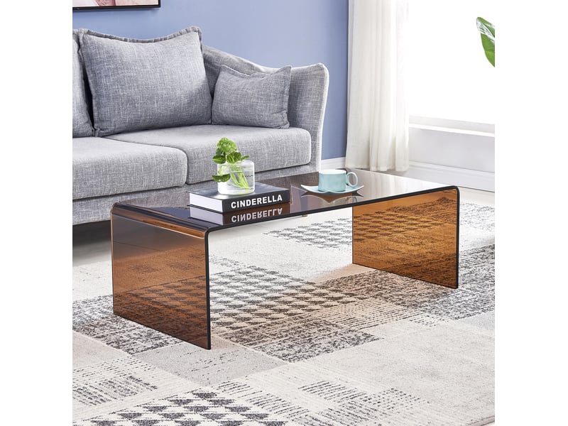  Table basse en verre trempé marron transparent 100 cm, design courbé brillant pour votre salon au quotidien  - Conforama B