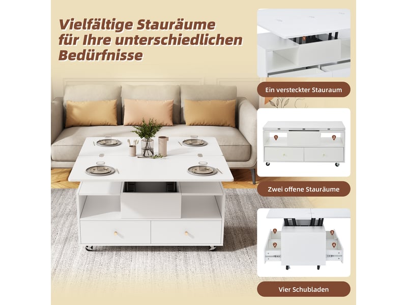  Table basse relevable et extensible blanche avec 4 tiroirs, 100x50 cm  - Conforama R