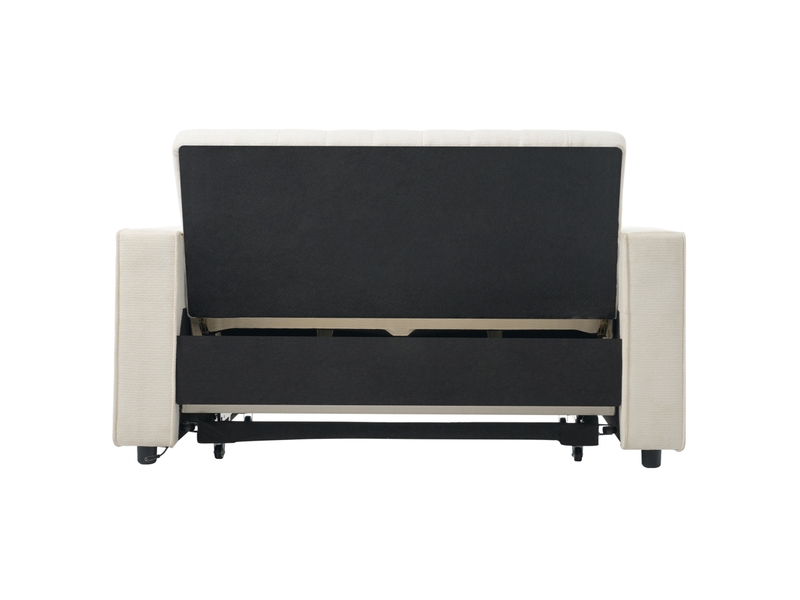 Canapé droit convertible 2 places beige en tissu, usb, rangement et dossier réglable 3 positions pour invités - Conforama D