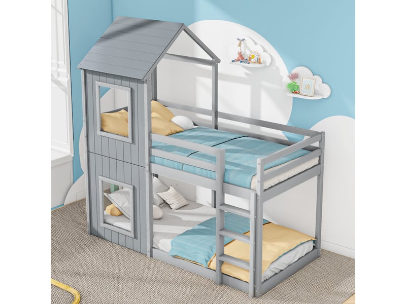  Lit superposé 90 x 200 cm cm, lit enfant, lit cabane pour filles et garçons, avec échelle et baldaquin, du sol au plafond,gris WG - Conforama B