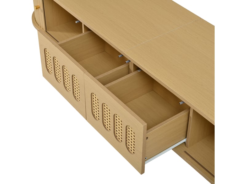  Meuble tv avec portes en rotin 180x40x40 cm en mdf bois clair  - Conforama E