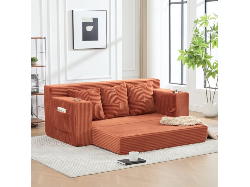  Canapé modulable 3 places modenvie en velours côtelé orange avec porte-gobelets et poches latérales 172 x 87 x 64 cm  - Conforama E