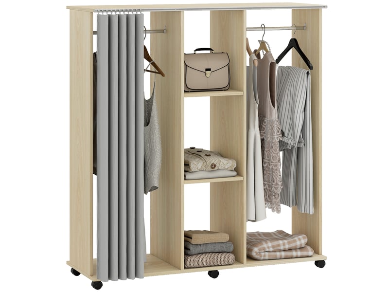  Armoire penderie meuble de rangement mobile 6 roulettes 120l x 40l x 128h cm en bois naturel  - Conforama A