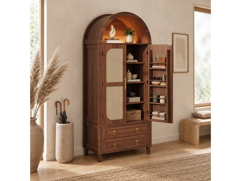  Buffet haut tcqpz 76 x 40 x 179,5 cm led réglable par application 2 portes 2 tiroirs mdf et panneaux de particules noyer  - Conforama E