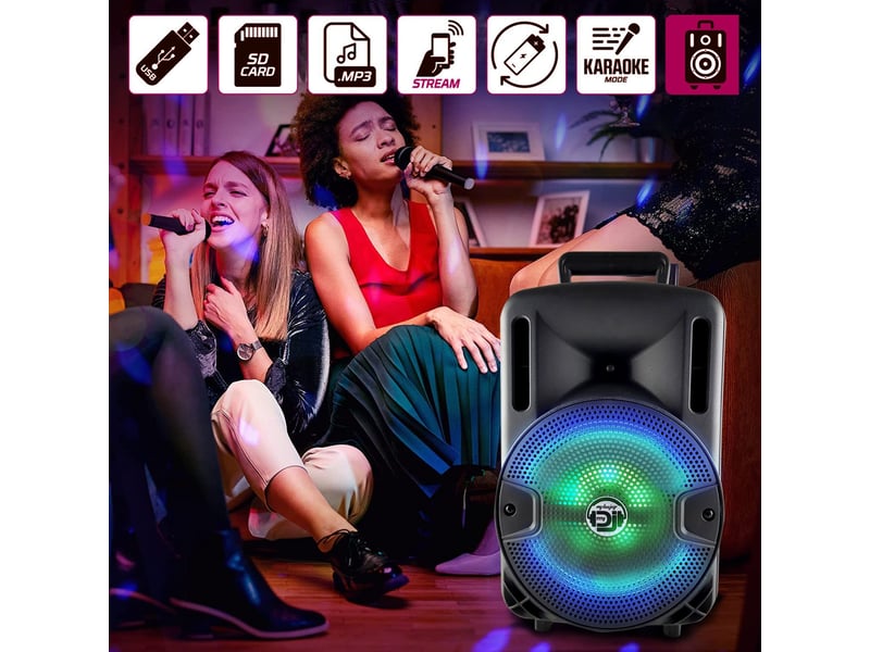  Enceinte mobile party karaoké dj sono pa batterie 8 400w à leds rvb usb-sd-bt + micro vhf mydj djoon08 + ovni  - Conforama B