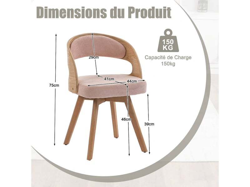  Lot de 2 chaises de salle à manger en lin rose, chaises de cuisine modernes avec assise pivotante et pieds en bois massif  - Conforama C