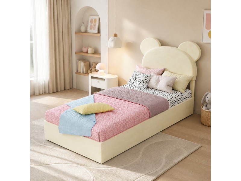  Lit enfant coffre 90x200 cm, tête de lit rembourrée forme cartoon, ouverture à vérins, tissu et métal, beige sans matelas  - Conforama D
