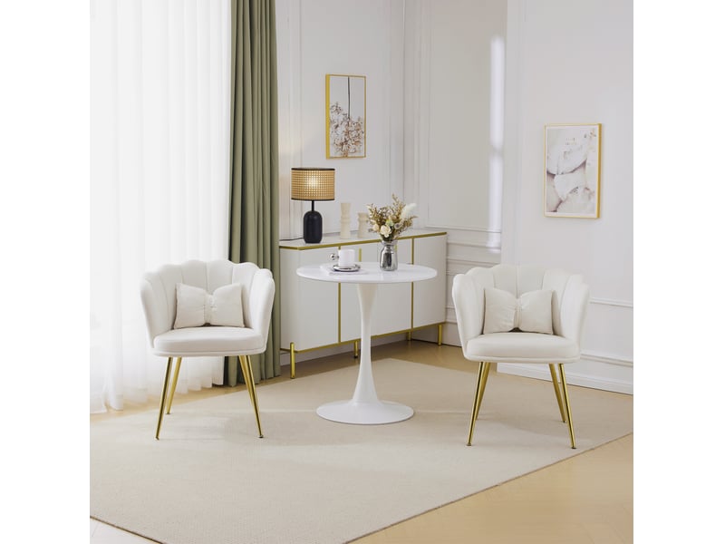 Lot de 2 fauteuils en velours beige à dossier pétale et pieds en métal doré  - Conforama D