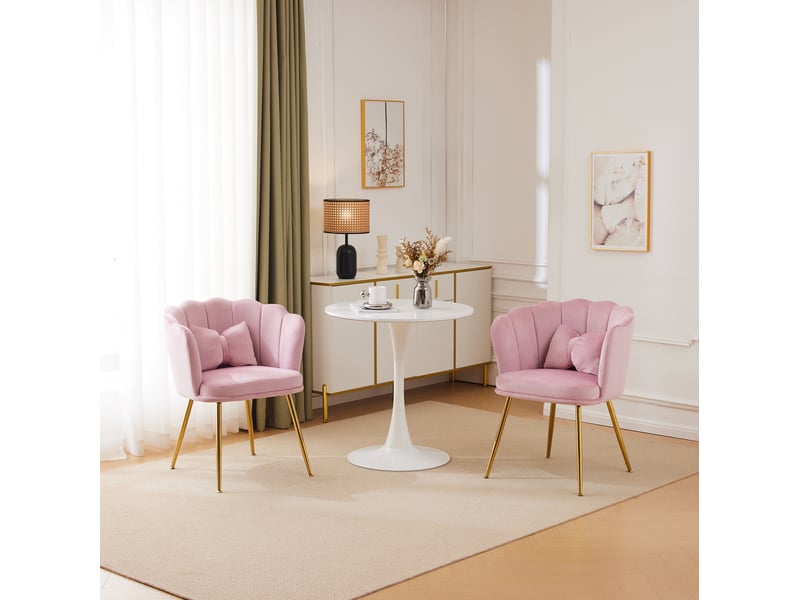 Lot de 2 fauteuils d'appoint 63x58x77 cm, dossier pétale, coussins papillon, pieds en métal doré, velours rose - Conforama B