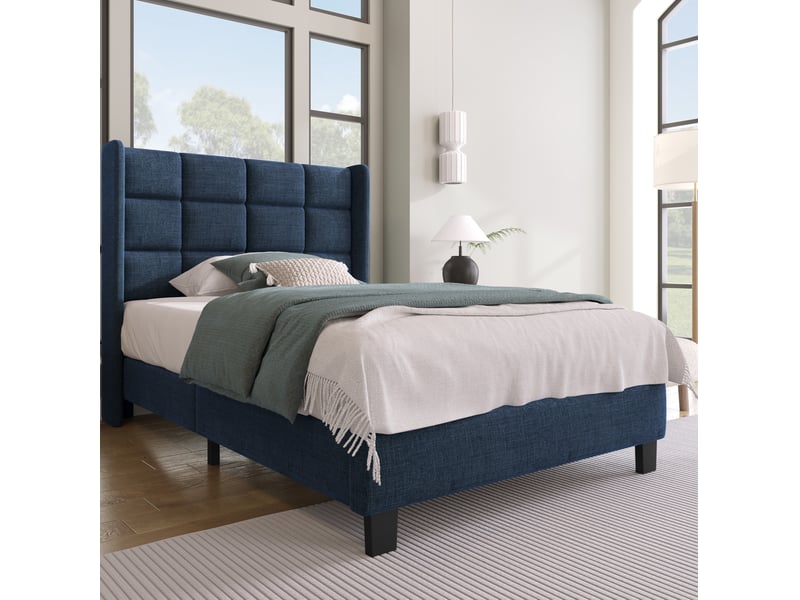  Lit simple capitonné 90x200 cm avec sommier à lattes en lin bleu  - Conforama B