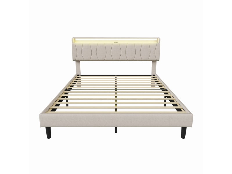 Structure de lit double 140x200 cm avec sommier à lattes, prises usb et type-c, éclairage led au niveau de la tête de lit avec rangement, lit rembourré en lin sur pieds hauts, lit 2 personnes fonctionnel pour chambre à coucher m… - Conforama W
