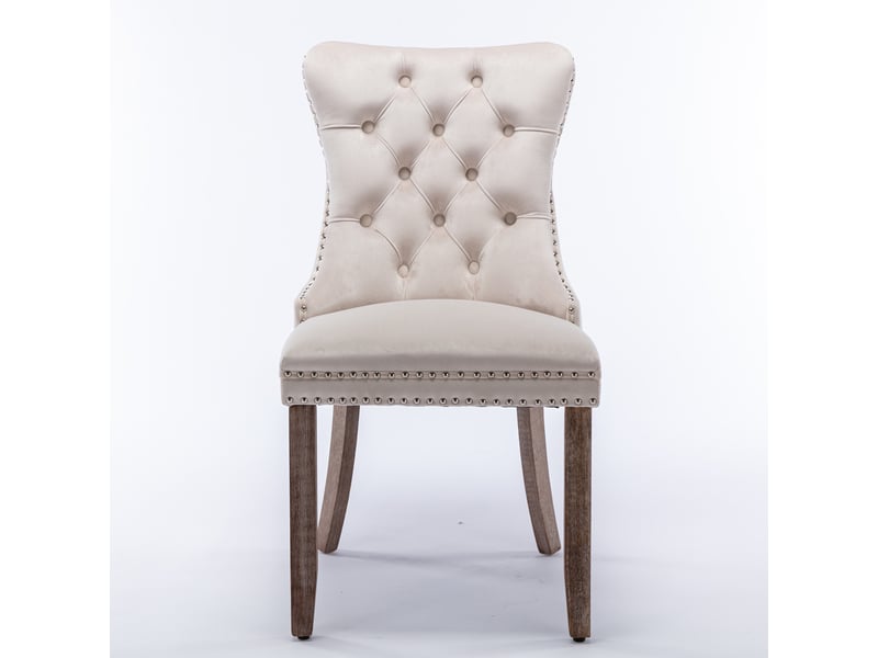 Lot de 2 chaises de salle à manger en velours beige capitonné, clous décoratifs, bois massif, haut de gamme  - Conforama A