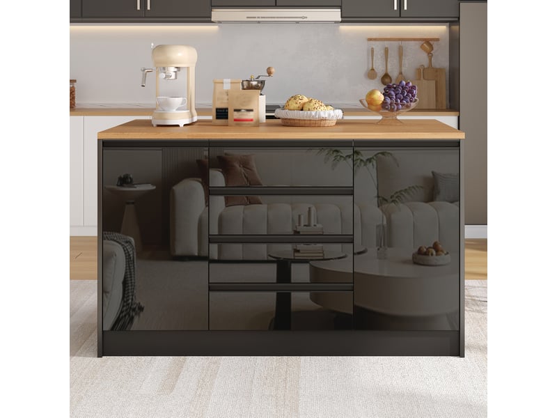 Îlot de cuisine 140x80x90 cm avec plan de travail escamotable, 4 tiroirs, 2 placards, mdf, noir et naturel  - Conforama D