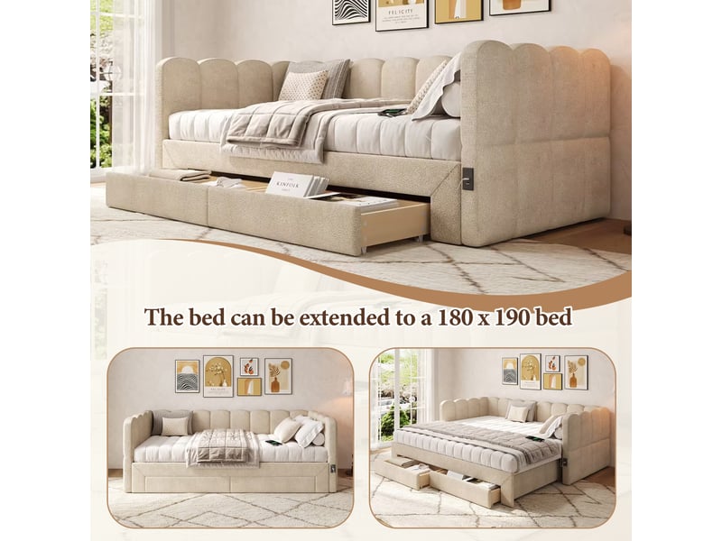 Banquette-lit extensible 90x190 cm - lit d'appoint 180x190 cm, 2 tiroirs de rangement, usb et type-c, tissu chenille beige  - Conforama D
