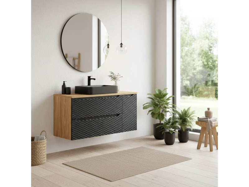 Ensemble de salle de bain yoka noir : meuble sous vasque à tiroirs et placard 120 cm + plan vasque - Conforama B