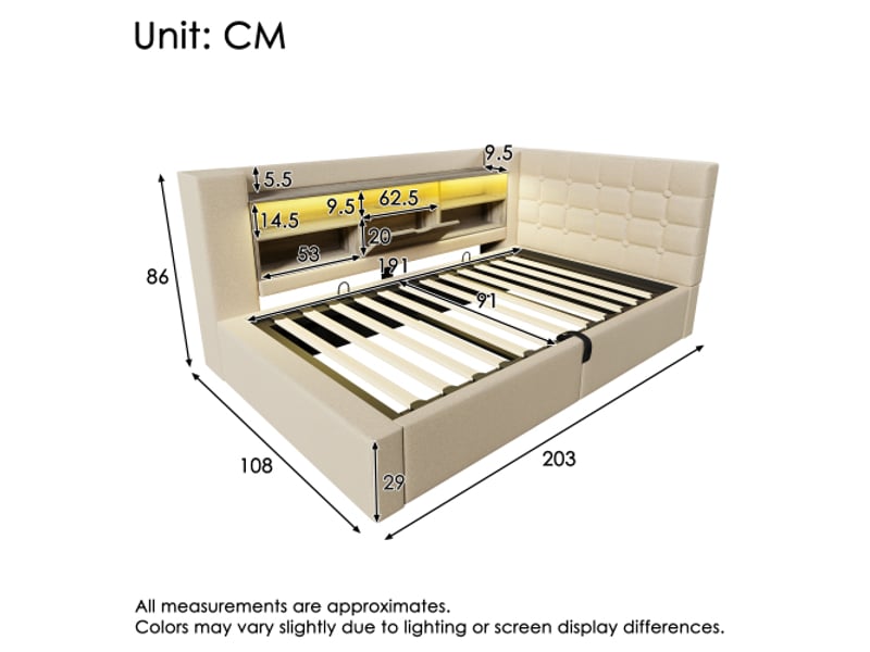  Lit capitonné beige 90x190 cm, led, rangement hydraulique, tête de lit en l avec rangements, réversible, sans matelas  - Conforama C