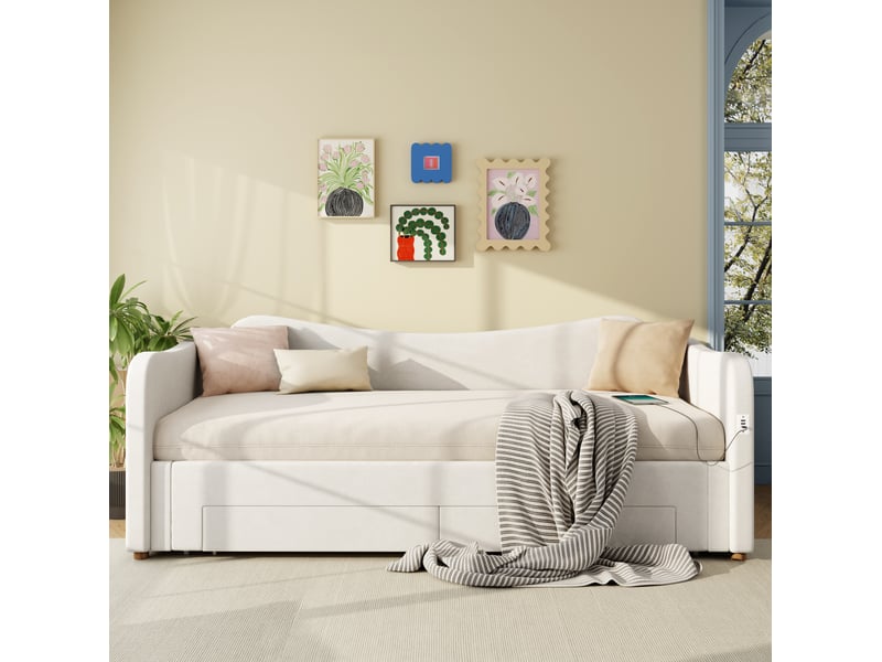  Couchage gigogne, 90x200 cm, lit banquette, tête de lit, recharge, matelas non inclus, tissu et velours, coloris beige  - Conforama D