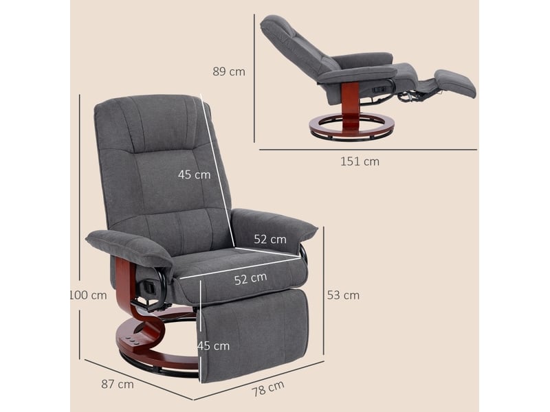  Fauteuil relax pivotant gris avec inclinaison manuelle, repose-pieds extensible, dossier haut, base en bois  - Conforama C