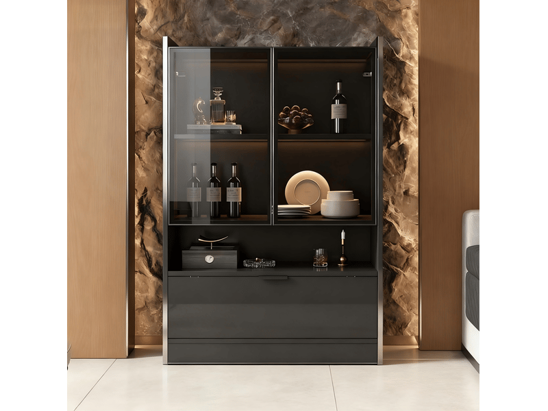  Vitrine tcqpz led 80 x 35 x 120 cm en panneaux de particules et verre trempé noir mat  - Conforama D