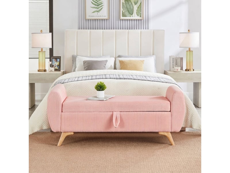  Banc de rangement rose 145 cm en velours côtelé avec coffre pliable et pieds en bois  - Conforama B