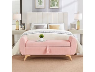 Banc de rangement rose 145 cm en velours côtelé avec coffre pliable et pieds en bois