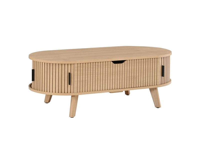  Table basse relevable grand rangement dissimulé table basse avec rangement forme ovale deux portes coulissantes aspect bois rainuré  - Conforama A