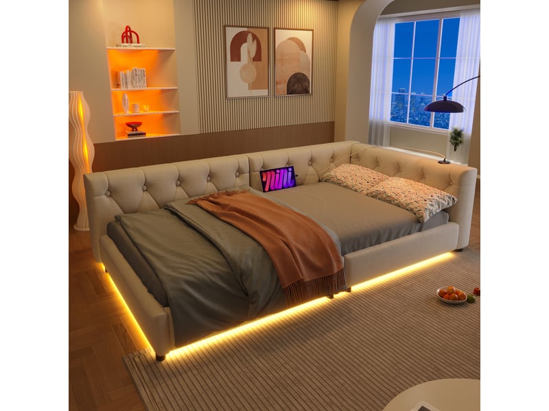  Canapé-lit 90x200 cm en lin beige, led télécommandée, tête de lit capitonnée, usb+type-c  - Conforama B