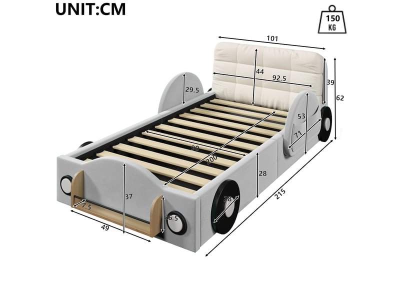  Lit coffre modenvie 90 x 200 cm en flanelle gris avec rangements latéraux, étagère à livres et coussin de tête  - Conforama C