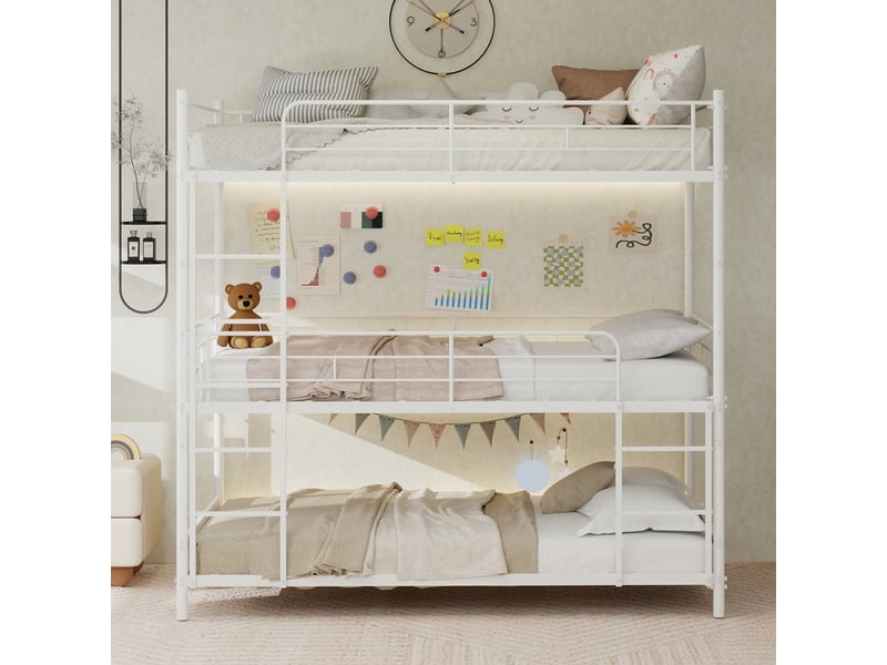 Lit superposé triple 90x190 cm - lit ado gain de place avec échelle intégrée et garde-corps, structure en métal, sans matelas, blanc  - Conforama B