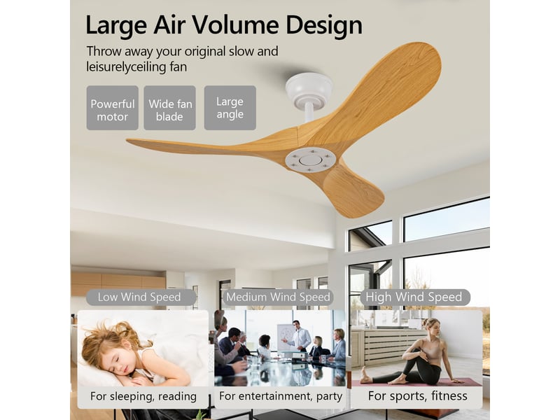  Ventilateur de plafond 107 cm sans éclairage 3 pales abs blanc et naturel réversible 6 vitesses télécommande silencieux  - Conforama B