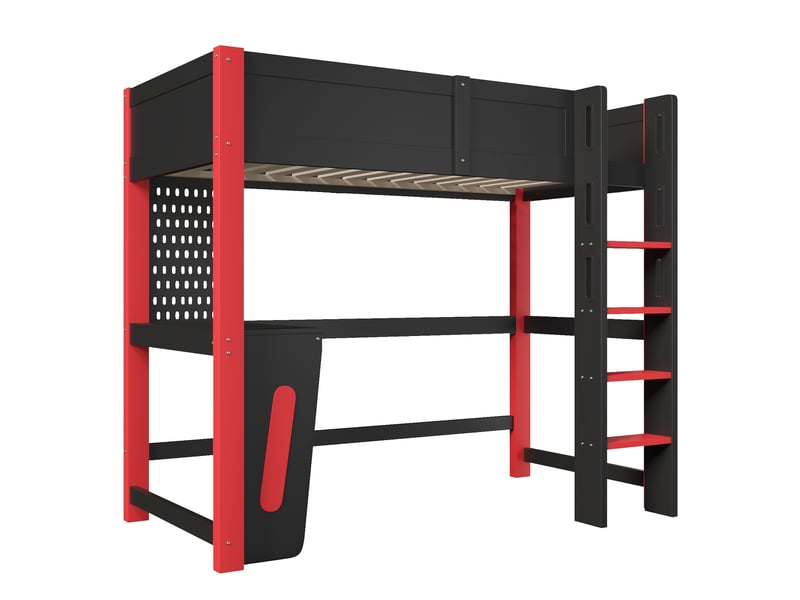  Lit mezzanine, 90 x 200 cm, en pin, avec table, panneau perforé et éclairage led, sans matelas, noir.  - Conforama E