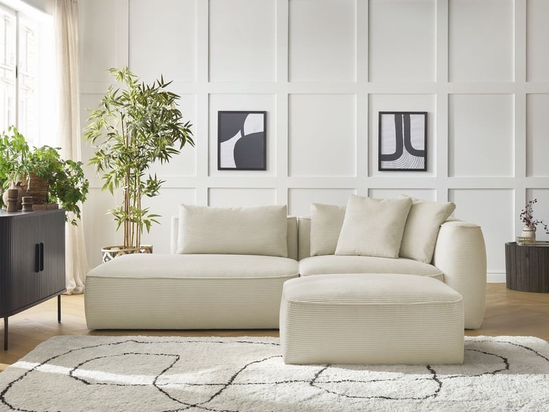  Bobochic canapé droit fixe 3 places leopold velours côtelé avec pouf beige  accoudoir droit LEOPOLD - Conforama C