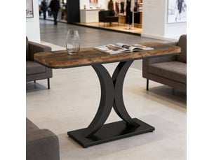 Table console industrielle avec plateau effet bois et base géométrique pour entrée, salon ou bureau en métal noir marron