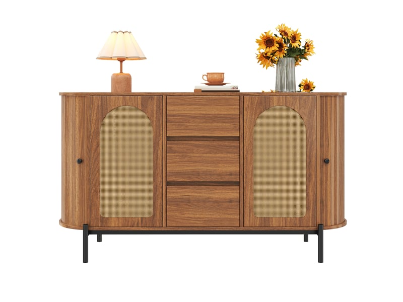 Buffet ovale 140 cm avec portes coulissantes et 3 tiroirs, finition noyer - Conforama A