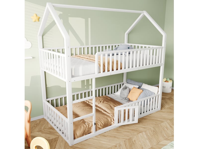  Lit superposé 90x200 cm en métal avec forme de maison coloris blanc  - Conforama E