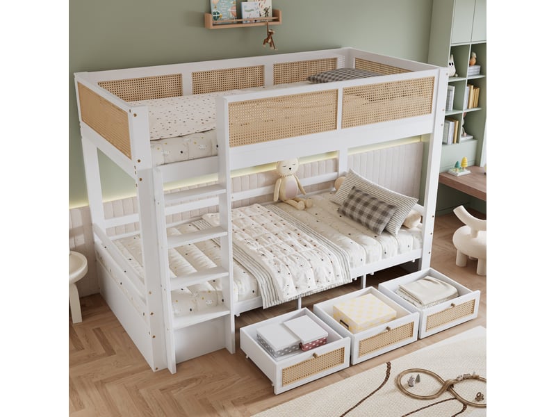Lit superposé enfant 90x200 cm – blanc et naturel – 3 tiroirs roulants, échelle 4 marches - sans matelas - Conforama B